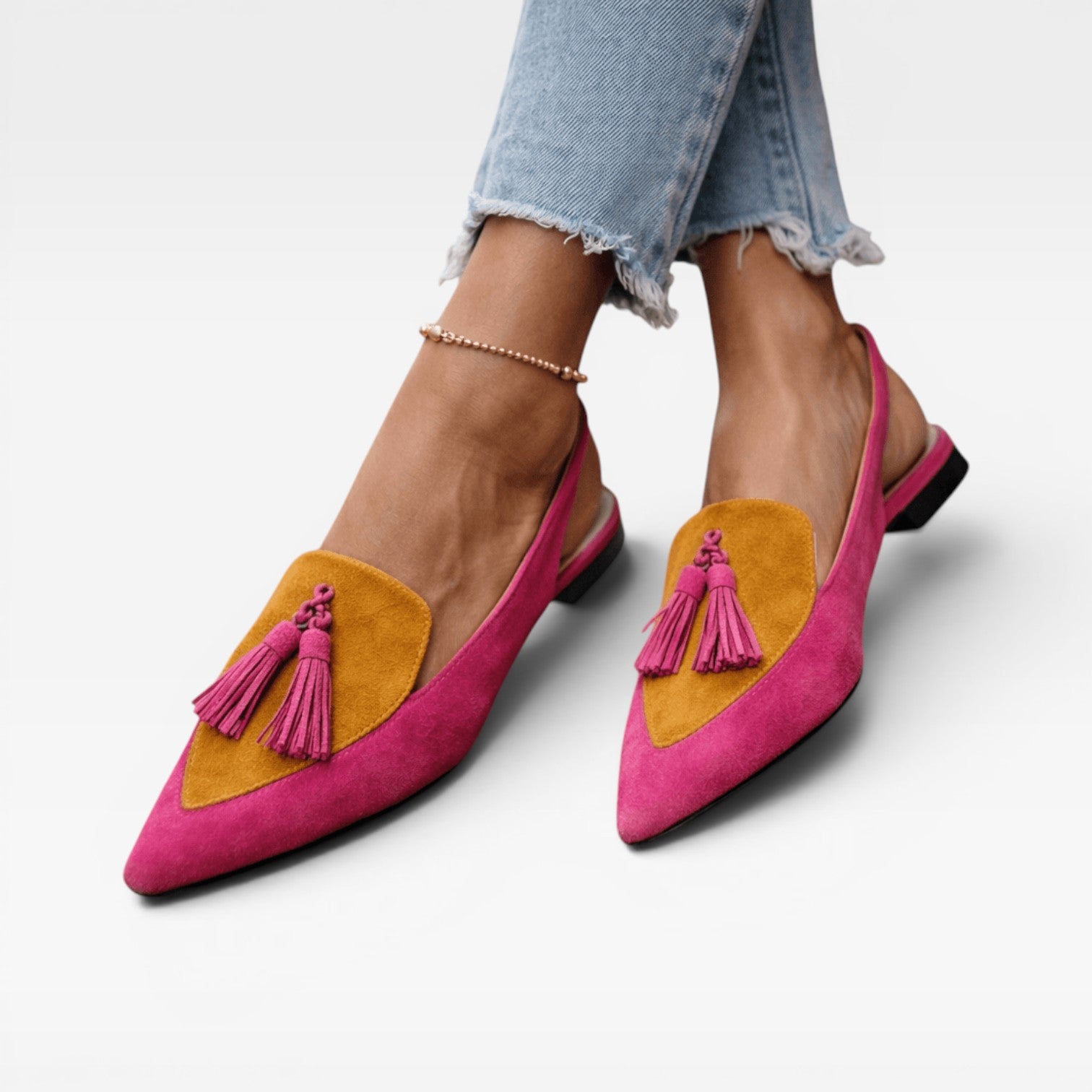 Women's Color Block Slingback Flats – Suede Tassel Pointed Toe Shoes