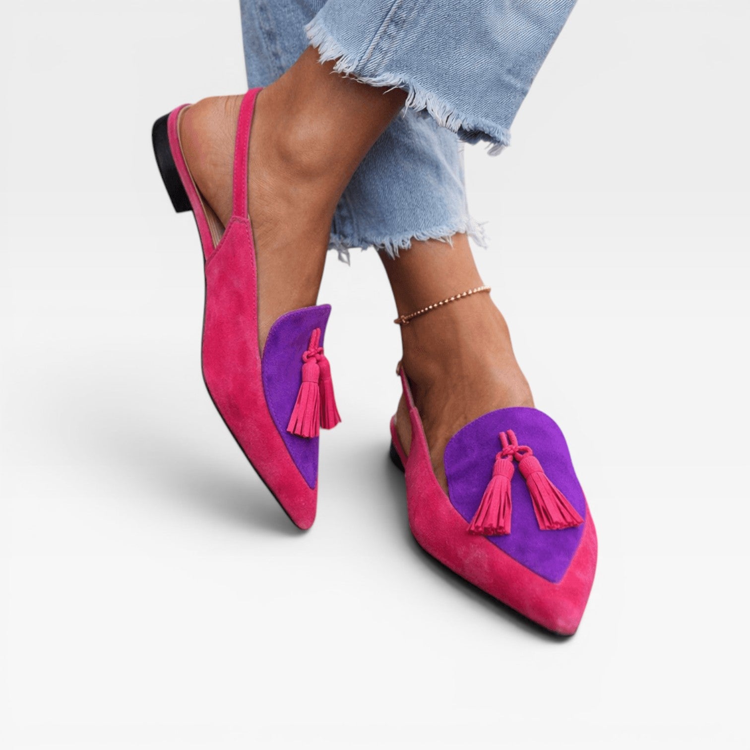 Women's Color Block Slingback Flats – Suede Tassel Pointed Toe Shoes