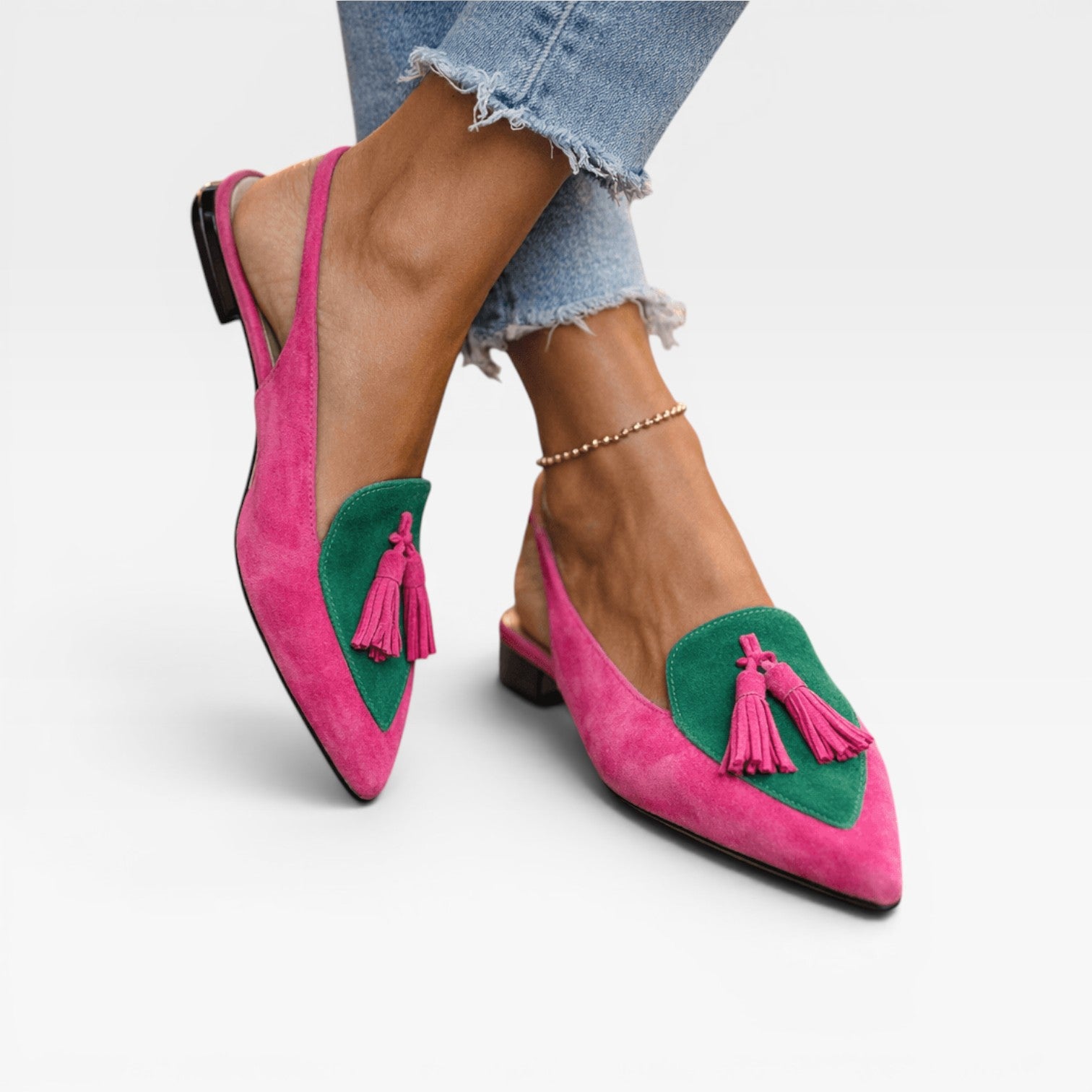 Women's Color Block Slingback Flats – Suede Tassel Pointed Toe Shoes