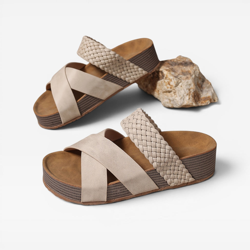 Women's Boho Wedge Sandals – Woven Cross Strap Slip On Summer Mules