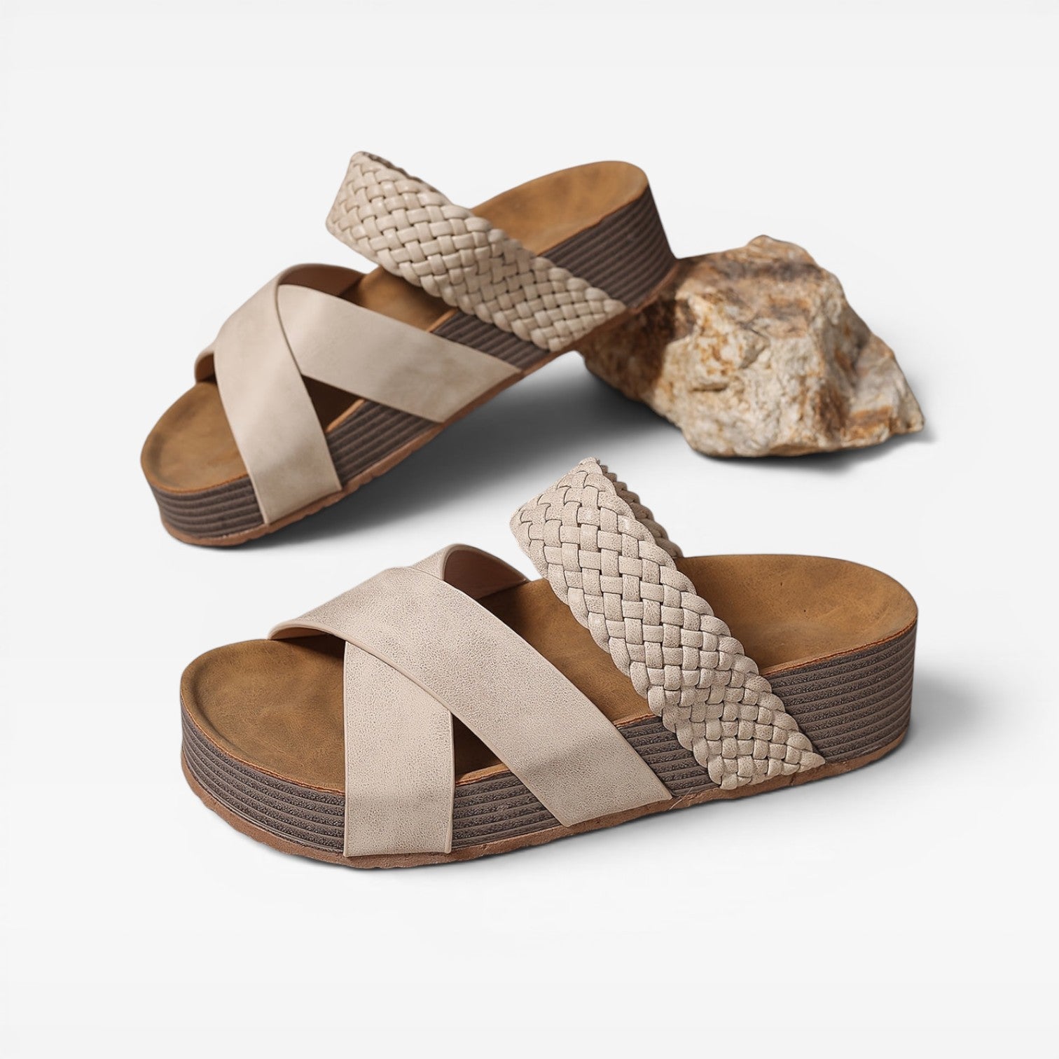Women's Boho Wedge Sandals – Woven Cross Strap Slip On Summer Mules