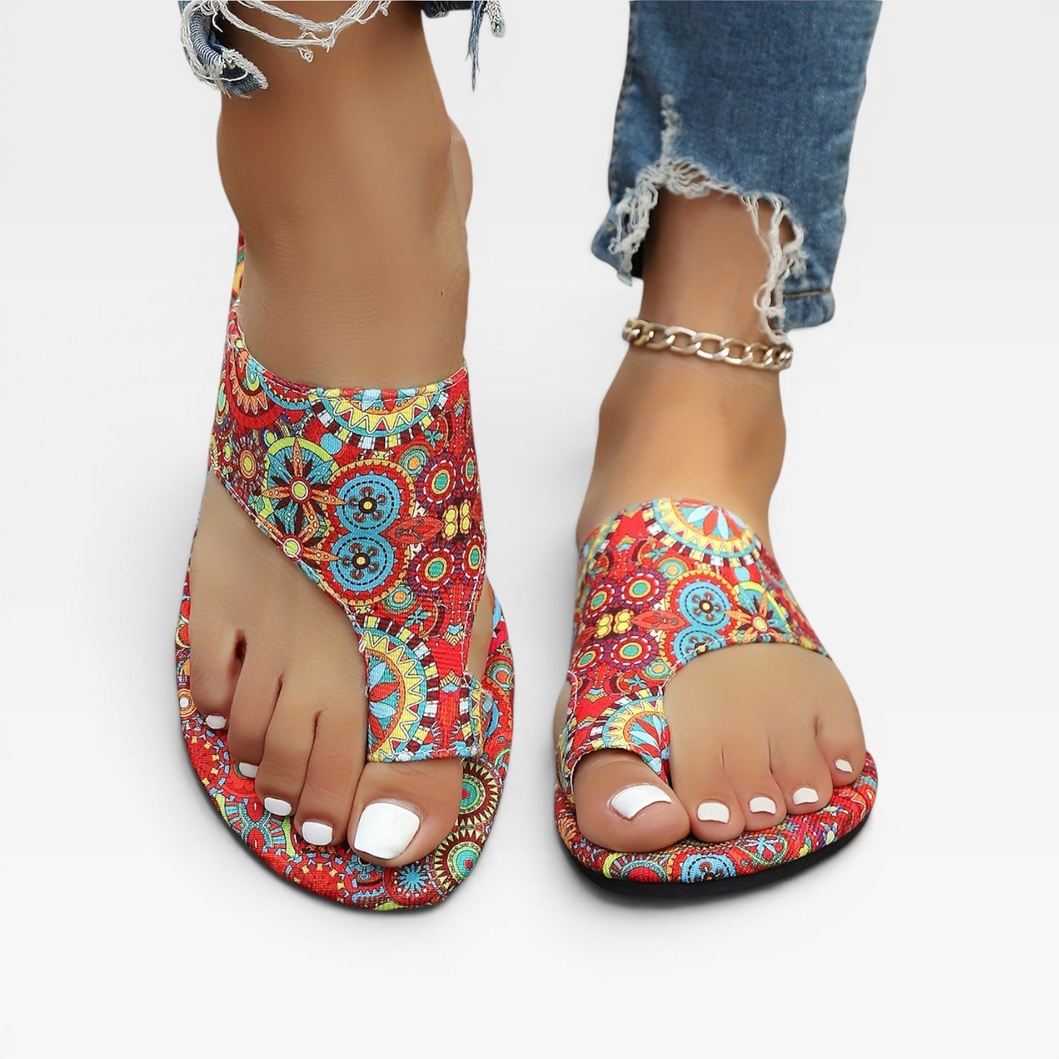 Women's Boho Summer Sandals – Floral Print Cushioned Slides