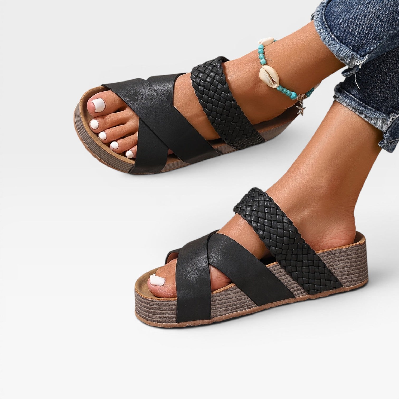 Women's Boho Wedge Sandals – Woven Cross Strap Slip On Summer Mules