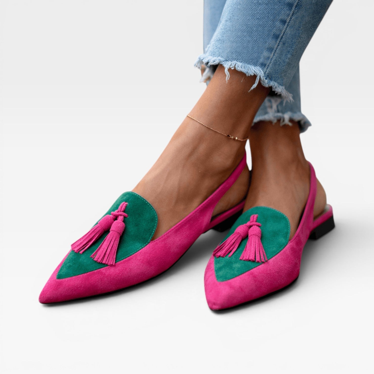 Women's Color Block Slingback Flats – Suede Tassel Pointed Toe Shoes