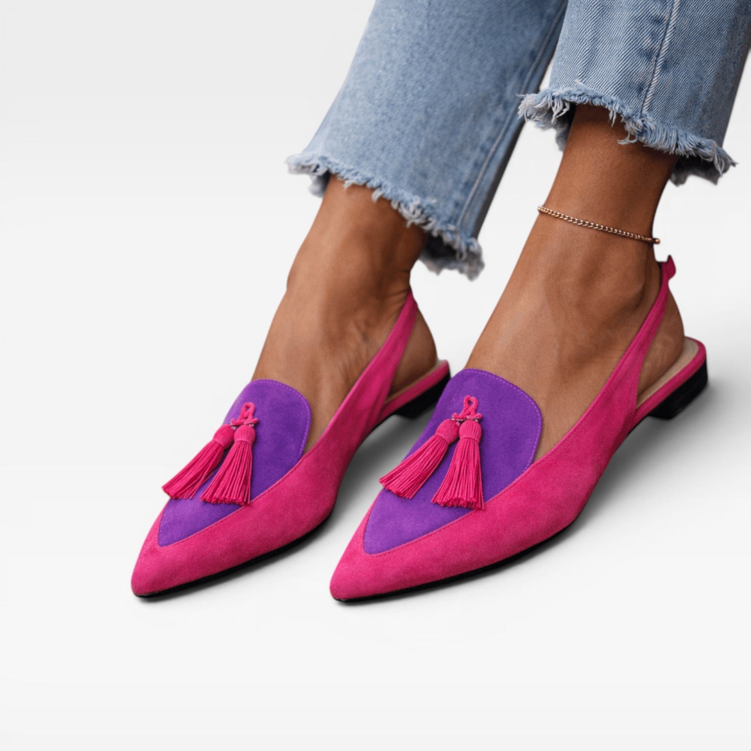 Women's Color Block Slingback Flats – Suede Tassel Pointed Toe Shoes
