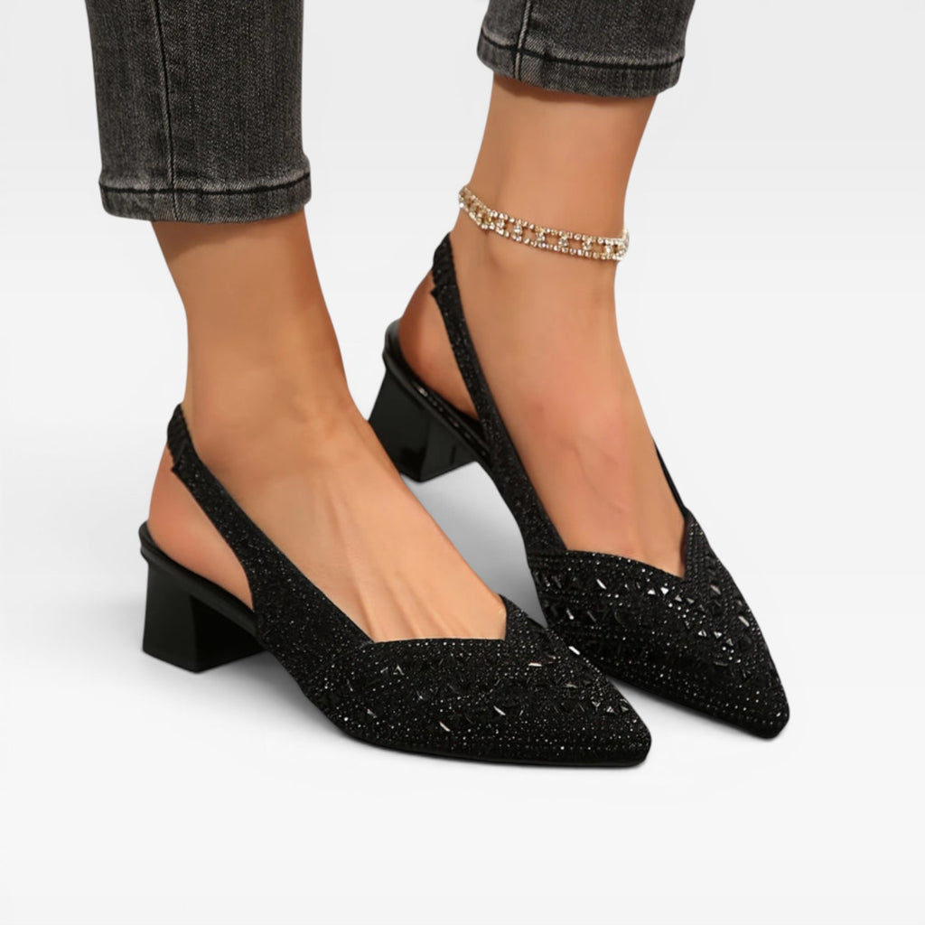 Escarpins à talons blocs avec bride arrière ornés de strass pour femmes – Chaussures de mariage étincelantes en cristal