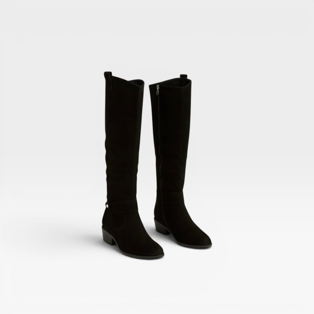 Women's Knee High Suede Boots – Elegant Buckle Detail Block Heel for Everyday and Special Occasions