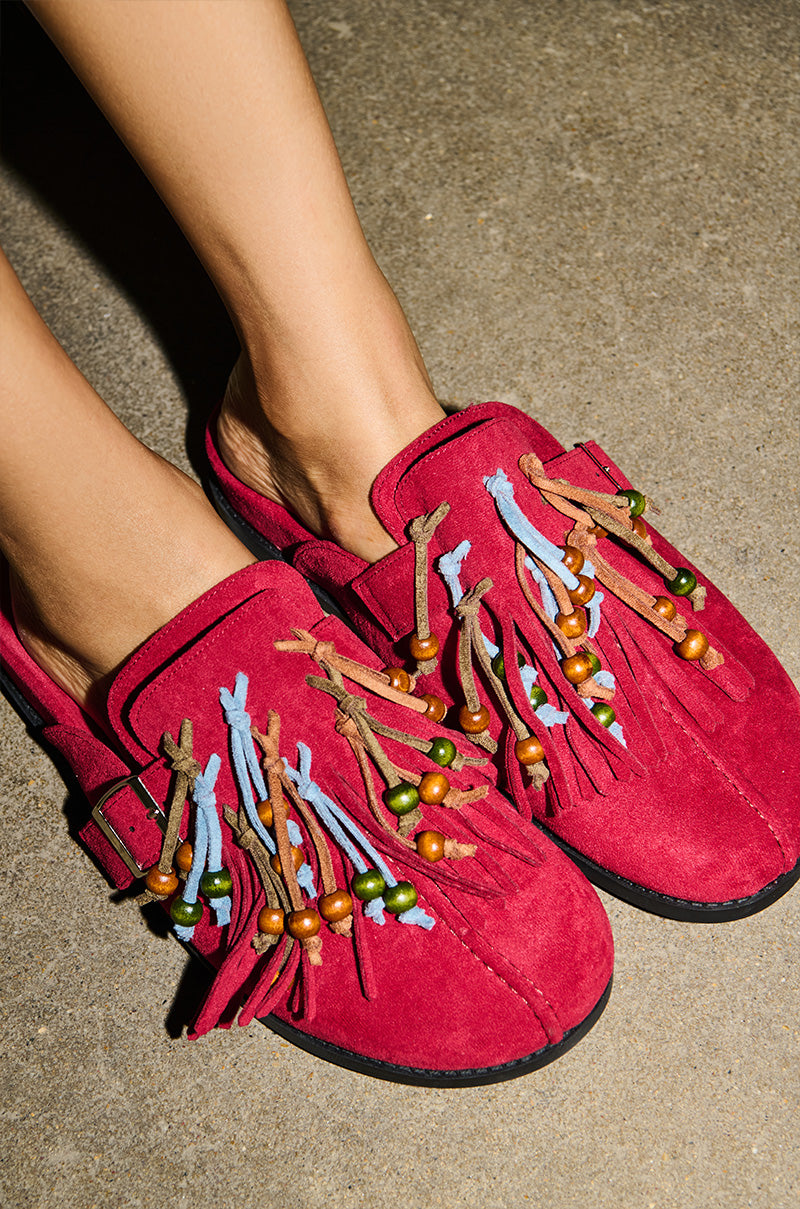 Women’s Suede Boho Clogs – Slip-On Fringe Mules