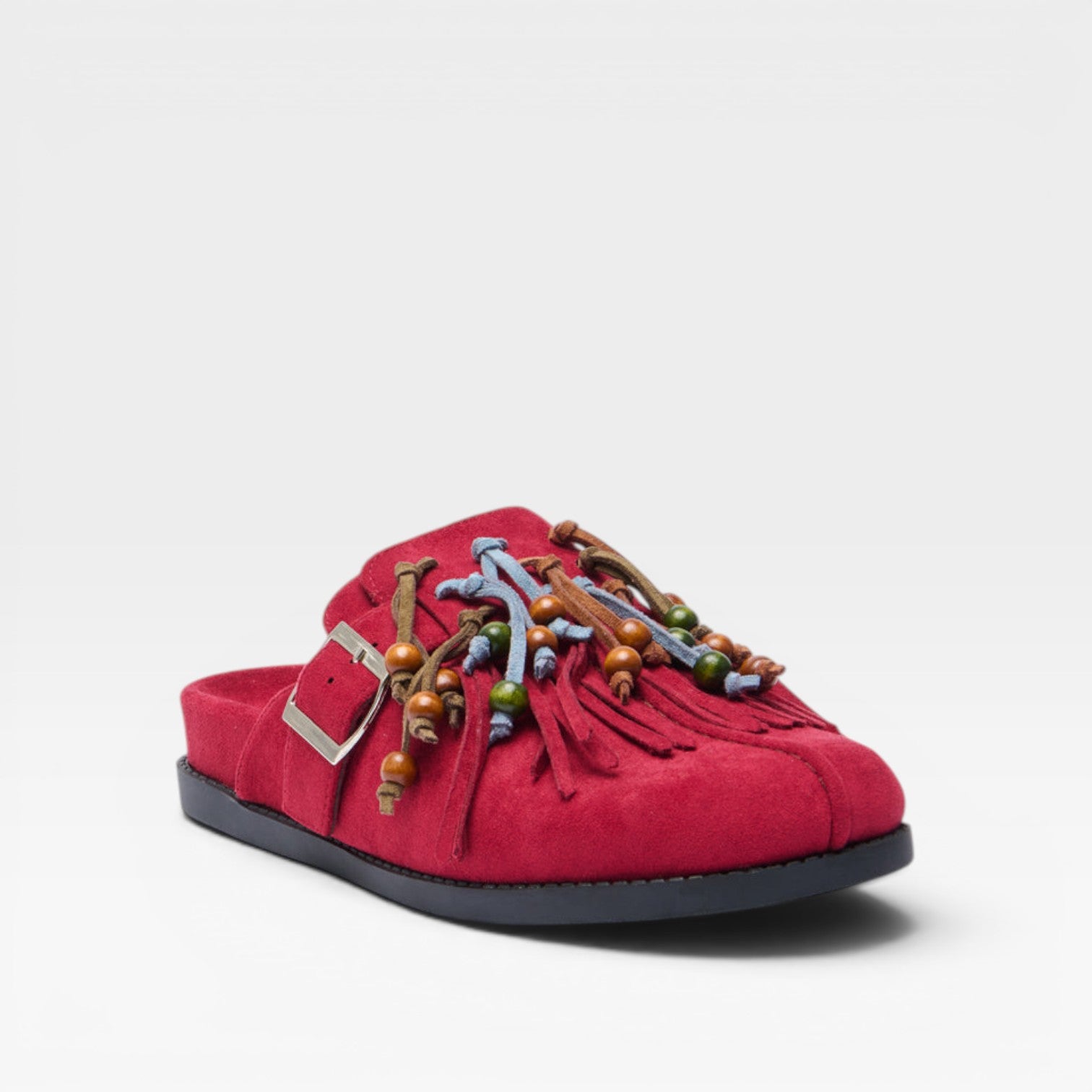 Women’s Suede Boho Clogs – Slip-On Fringe Mules