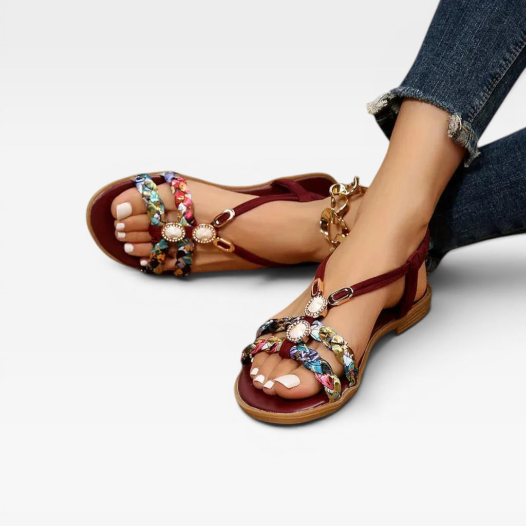Women’s Boho Summer Sandals – Cushioned Walking Sole with Braided Detail