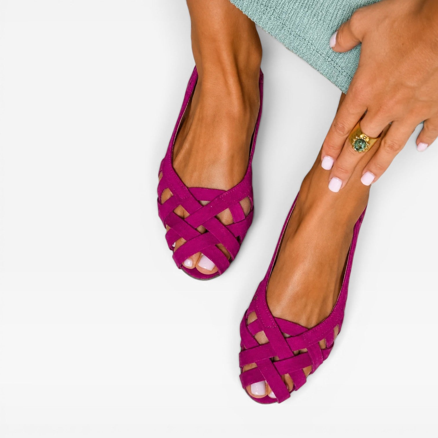 Women's Woven Suede Sandals – Lattice Cutout Low Heel Flats