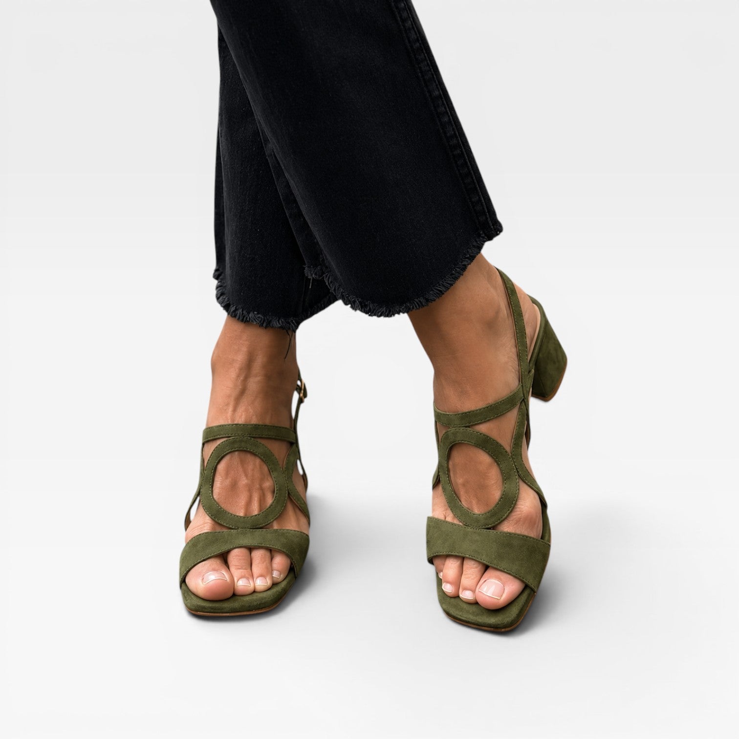 Women's Suede Cutout Sandals – Circle Detail Block Heel Ankle Strap Shoes