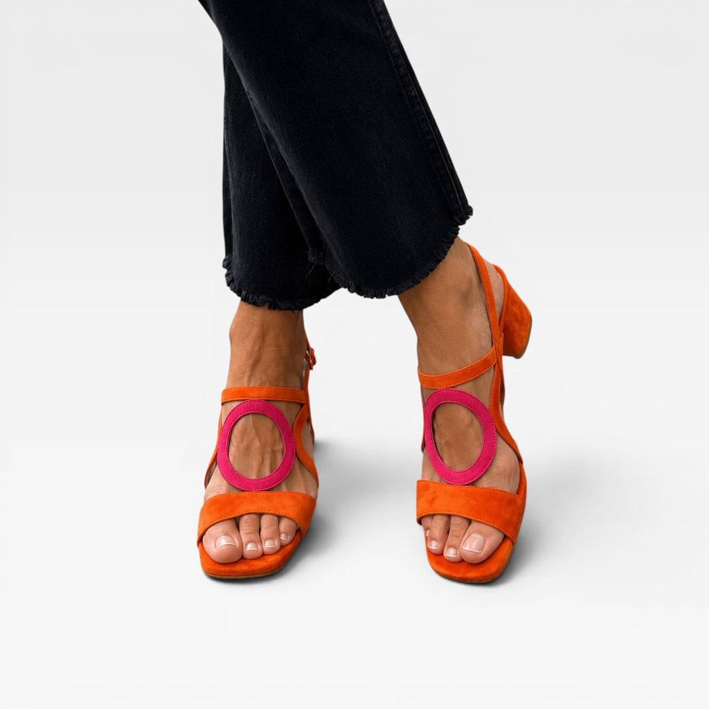 Women's Suede Cutout Sandals – Circle Detail Block Heel Ankle Strap Shoes