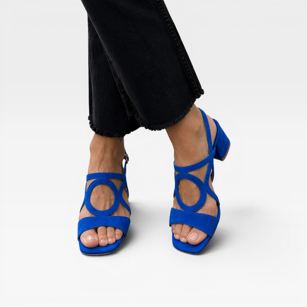 Women's Suede Cutout Sandals – Circle Detail Block Heel Ankle Strap Shoes