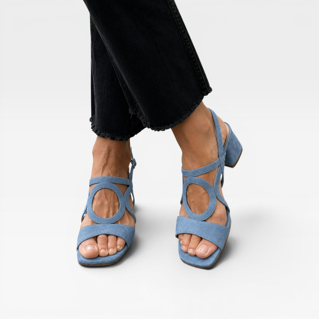 Women's Suede Cutout Sandals – Circle Detail Block Heel Ankle Strap Shoes