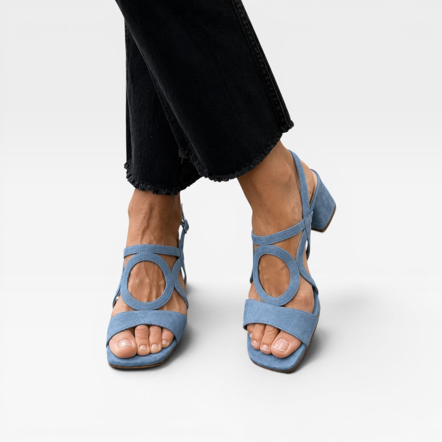 Women's Suede Cutout Sandals – Circle Detail Block Heel Ankle Strap Shoes