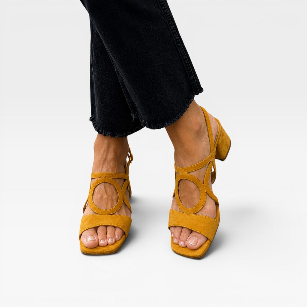 Women's Suede Cutout Sandals – Circle Detail Block Heel Ankle Strap Shoes