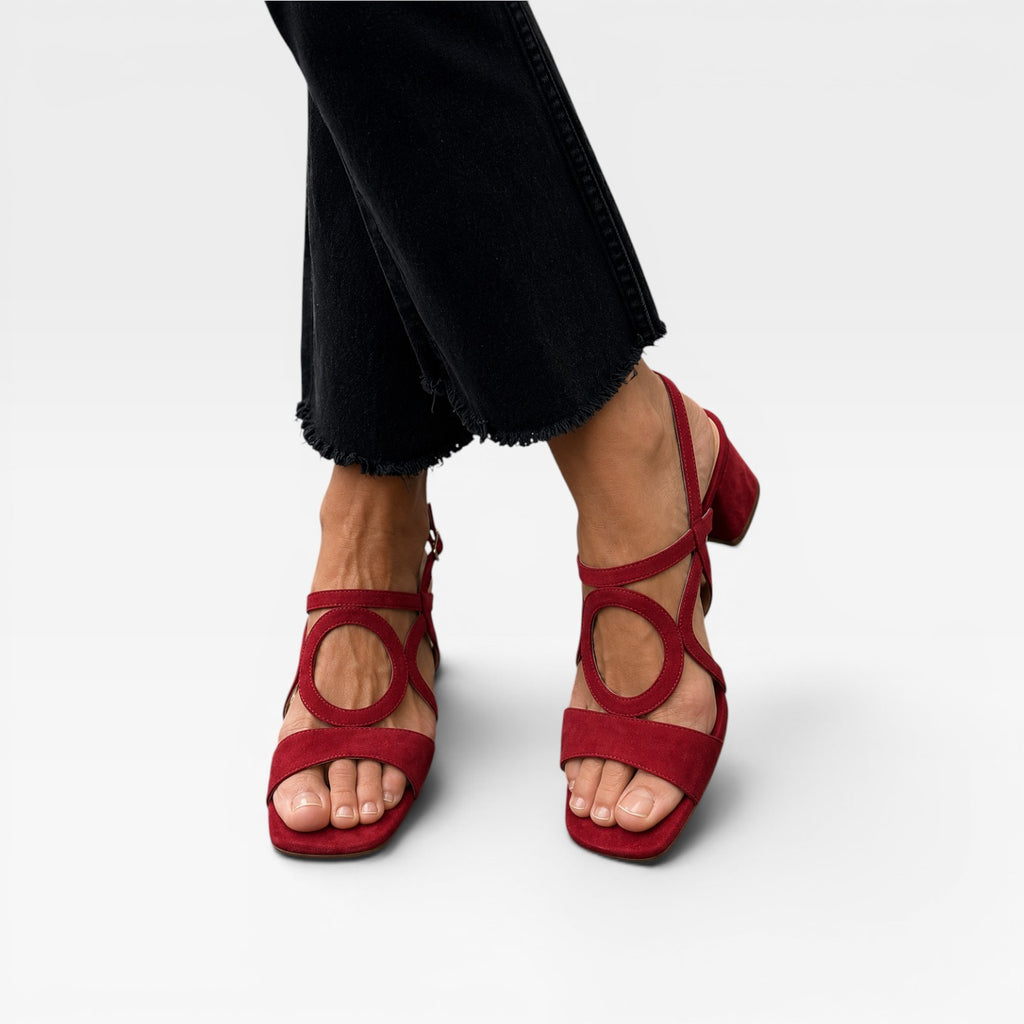 Women's Suede Cutout Sandals – Circle Detail Block Heel Ankle Strap Shoes