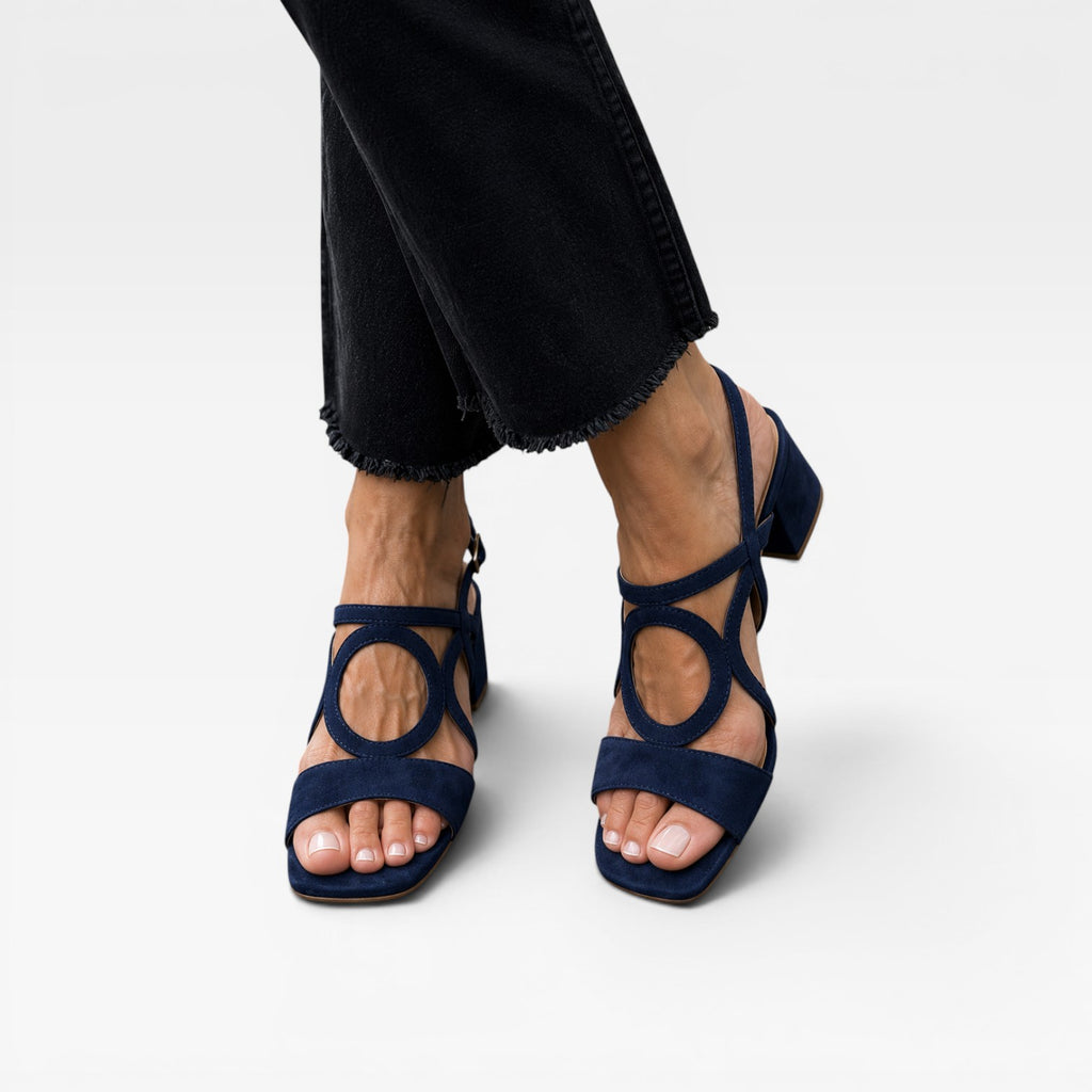 Women's Suede Cutout Sandals – Circle Detail Block Heel Ankle Strap Shoes
