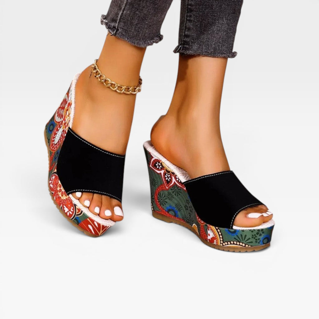 Women's Handcrafted Mixed Print Wedge Sandals – Boho Artisan Platform Slides
