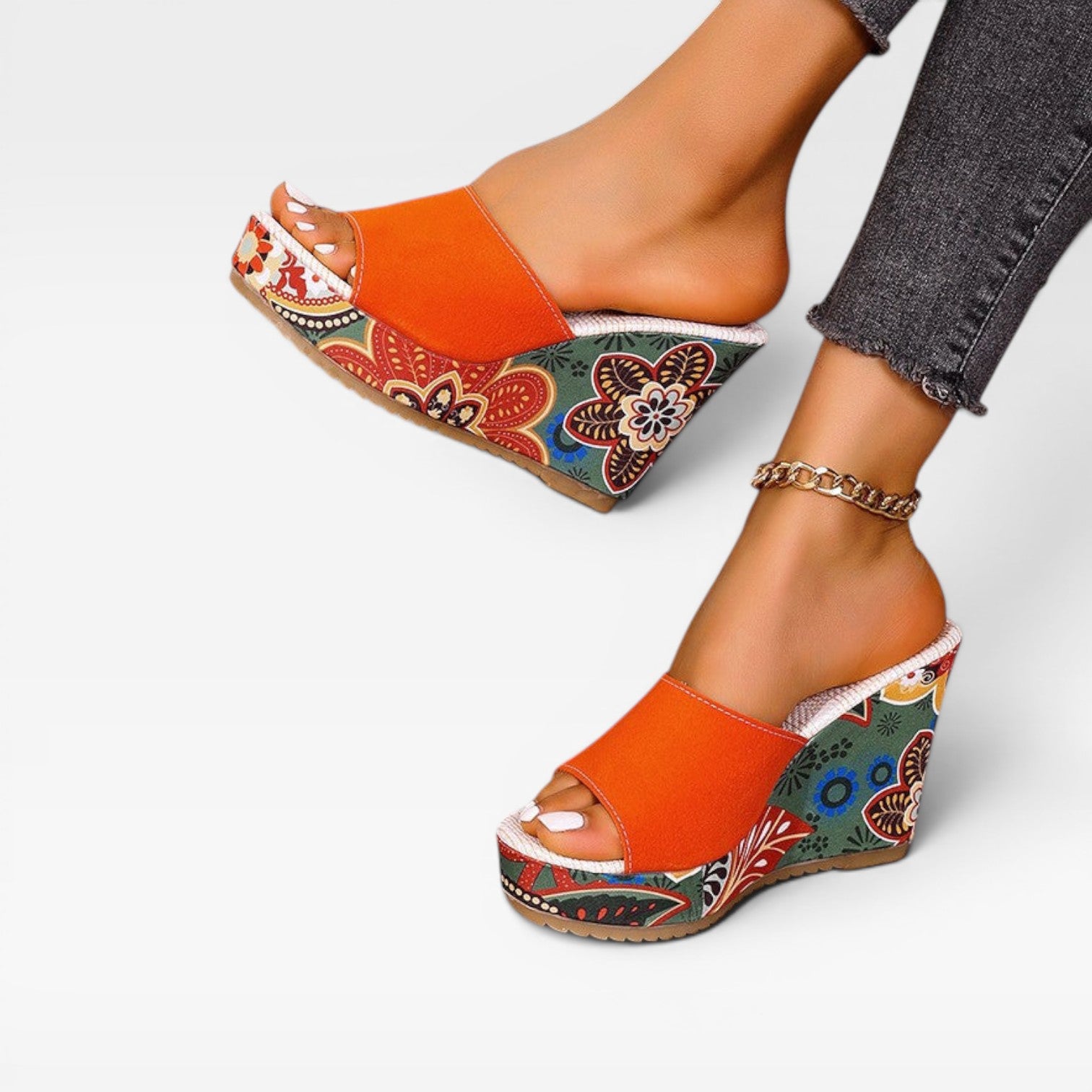 Women's Handcrafted Mixed Print Wedge Sandals – Boho Artisan Platform Slides
