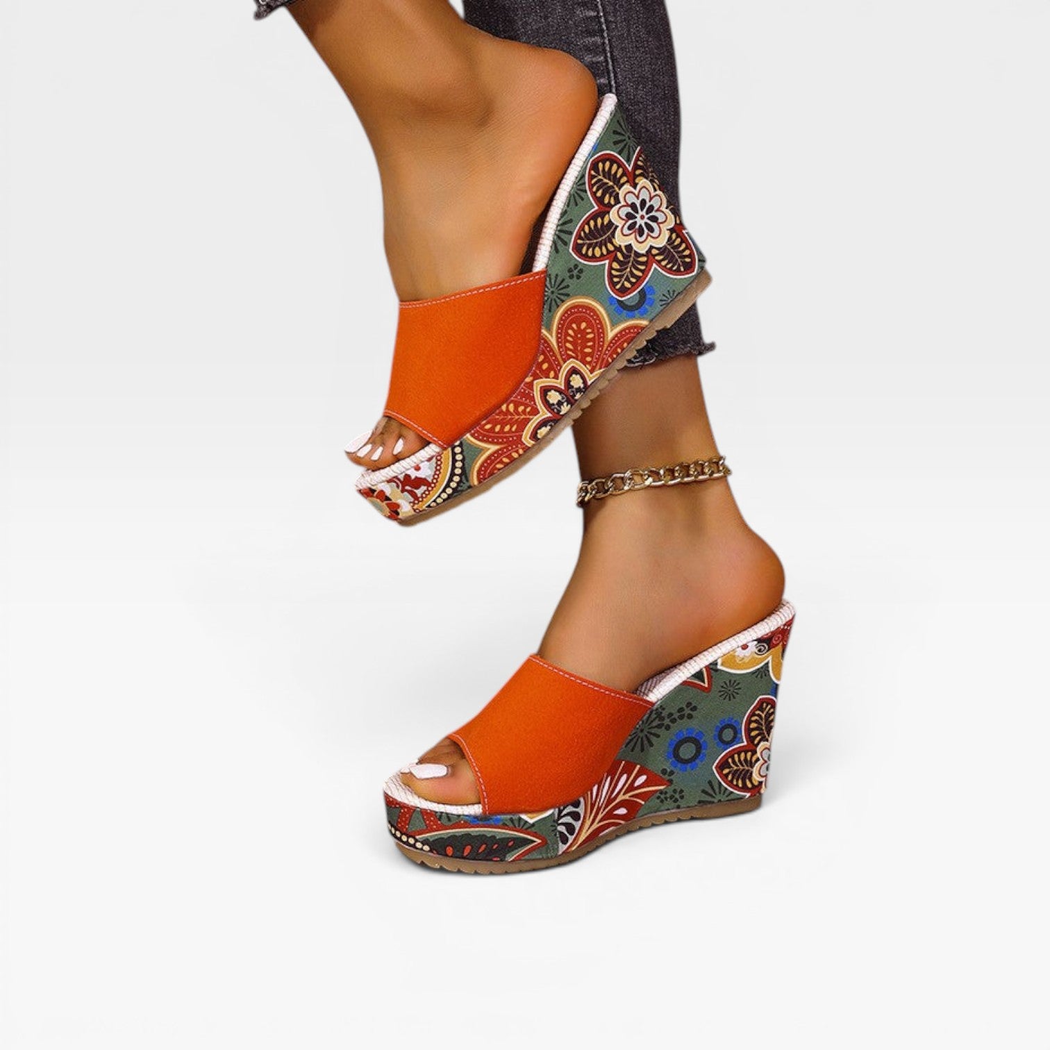 Women's Handcrafted Mixed Print Wedge Sandals – Boho Artisan Platform Slides