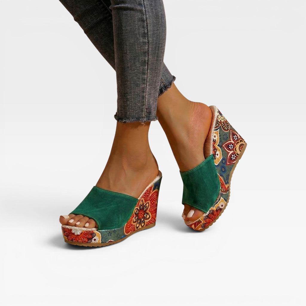 Women's Handcrafted Mixed Print Wedge Sandals – Boho Artisan Platform Slides