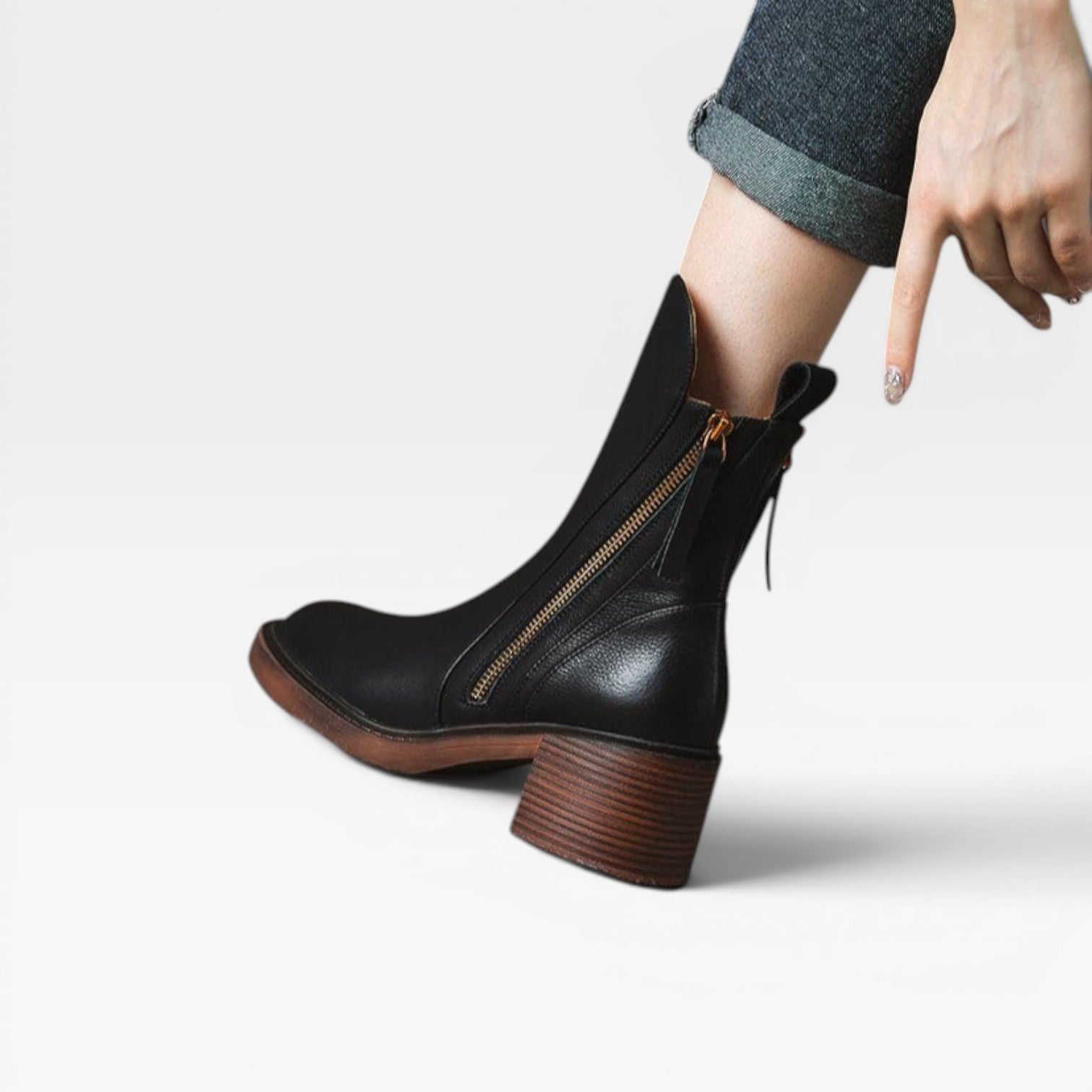 Women's Leather Ankle Boots – Pointed Toe Stacked Heel Zip Up Western Style