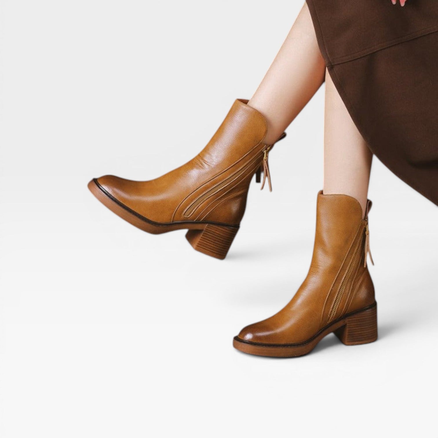 Women's Leather Ankle Boots – Pointed Toe Stacked Heel Zip Up Western Style