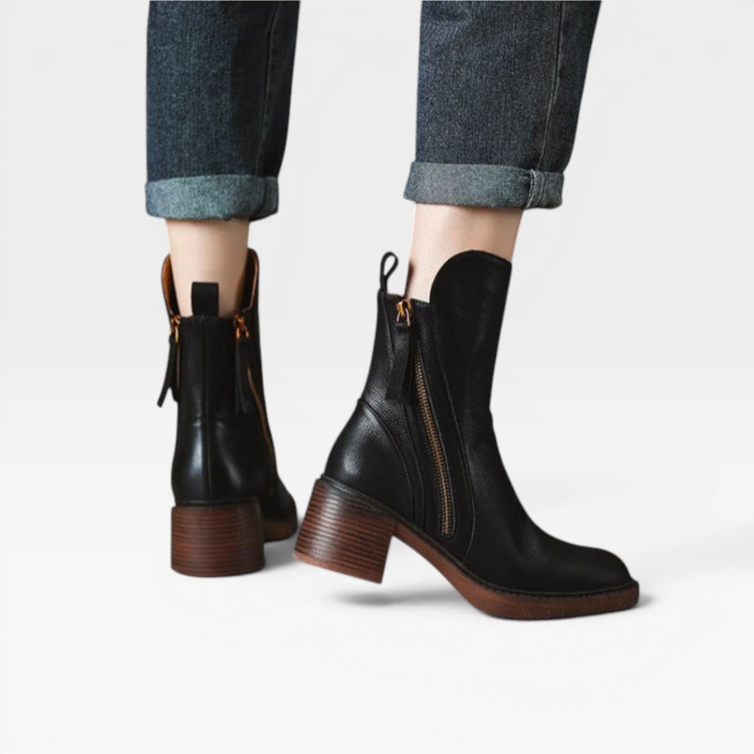 Women's Leather Ankle Boots – Pointed Toe Stacked Heel Zip Up Western Style