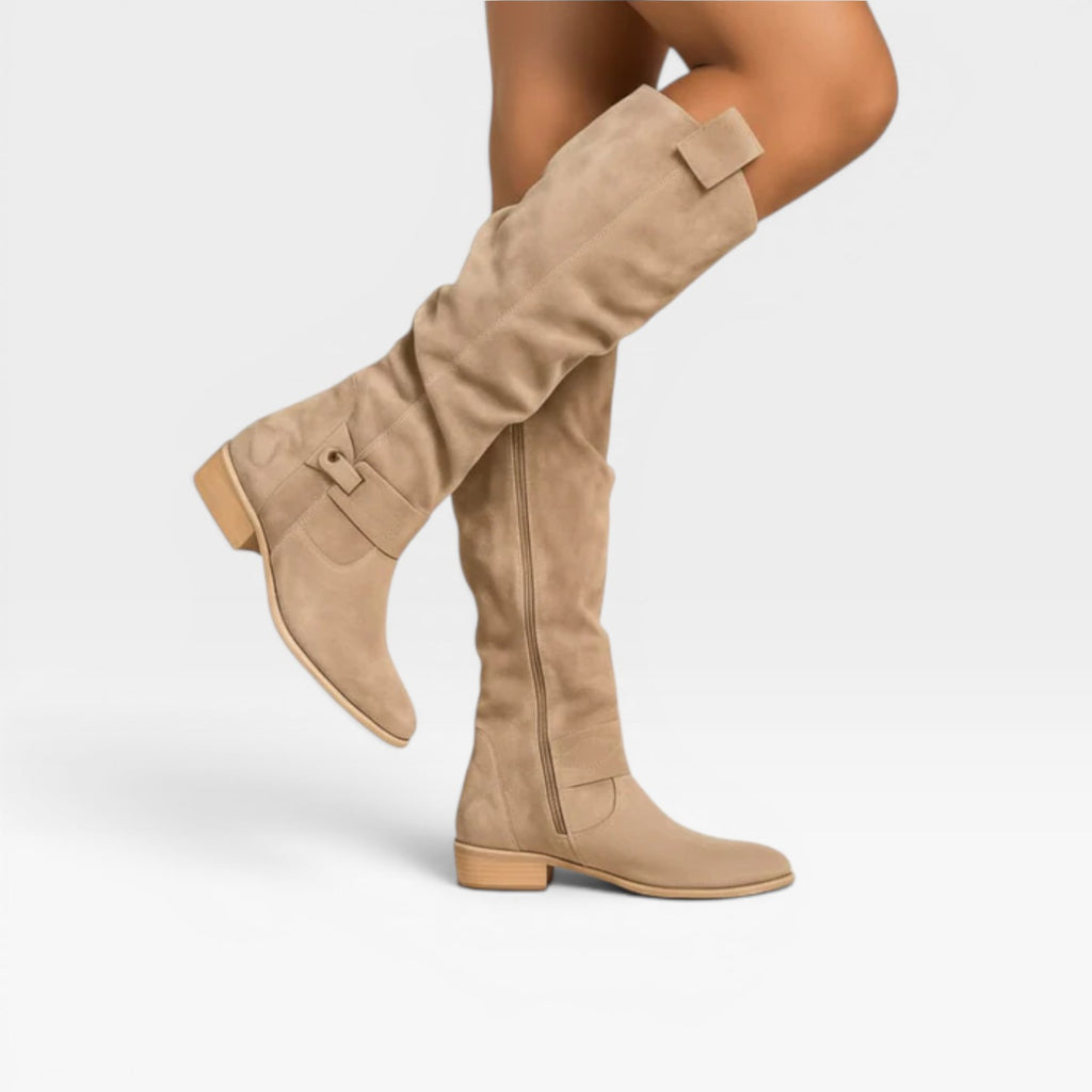 Women's Knee High Suede Boots – Elegant Buckle Detail Block Heel for Everyday and Special Occasions