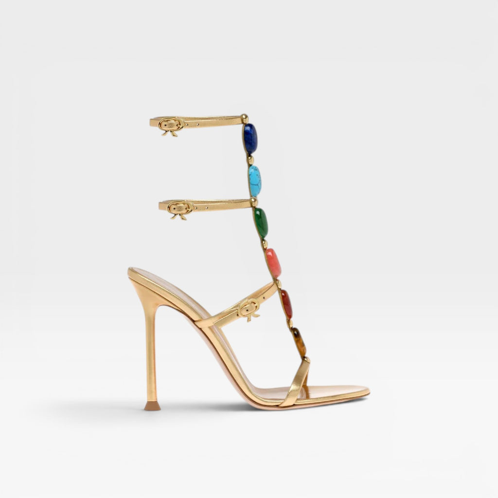 Women's Colored Gemstone Heels – Elegant Gold Strappy Stiletto for Party and Special Occasions
