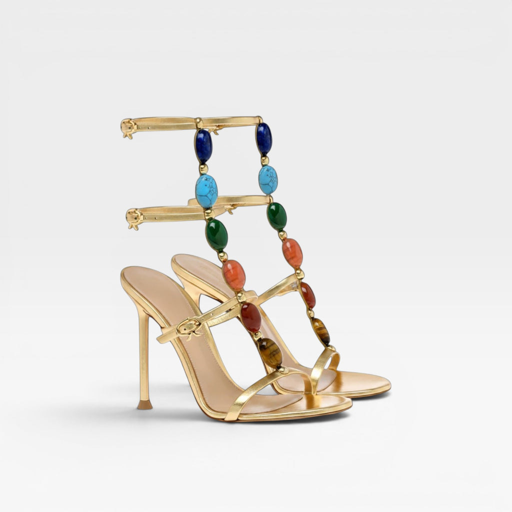 Women's Colored Gemstone Heels – Elegant Gold Strappy Stiletto for Party and Special Occasions