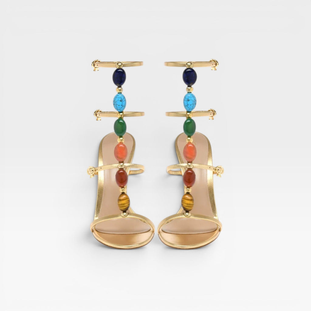 Women's Colored Gemstone Heels – Elegant Gold Strappy Stiletto for Party and Special Occasions