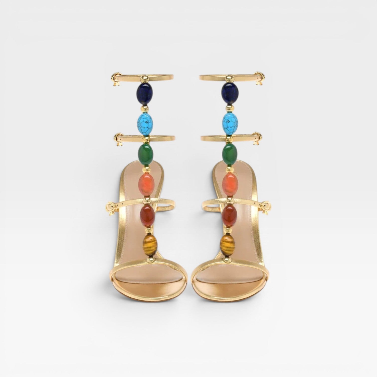Women's Colored Gemstone Heels – Elegant Gold Strappy Stiletto for Party and Special Occasions