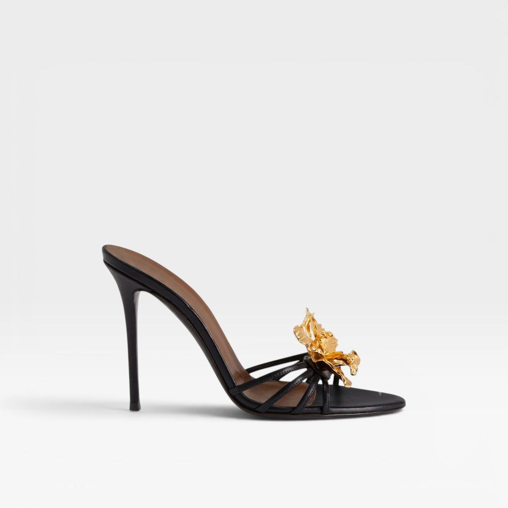 Women's Metallic Gold Flower Heels – Elegant Sculpted Mule Stiletto for Wedding Guest and Special Occasions