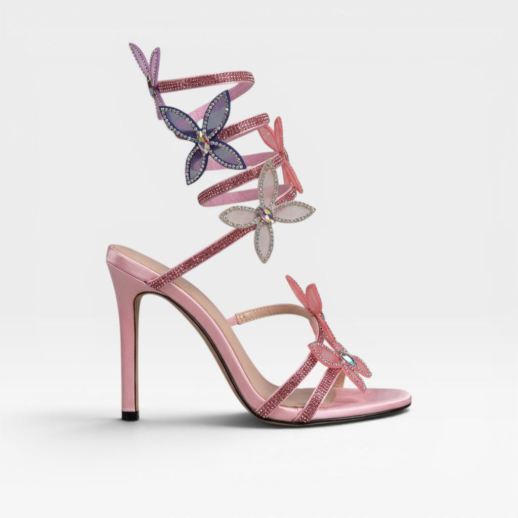 Escarpins papillon en cristal pour femmes – Sandales à talons aiguilles avec lanière spirale à la cheville pour occasions spéciales