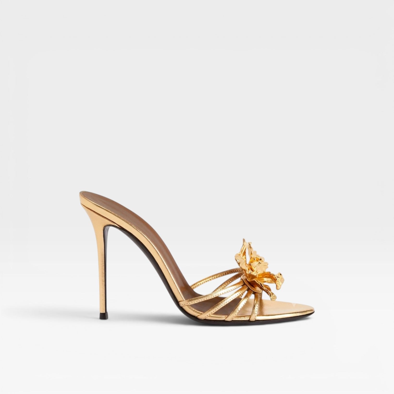 Women's Metallic Gold Flower Heels – Elegant Sculpted Mule Stiletto for Wedding Guest and Special Occasions