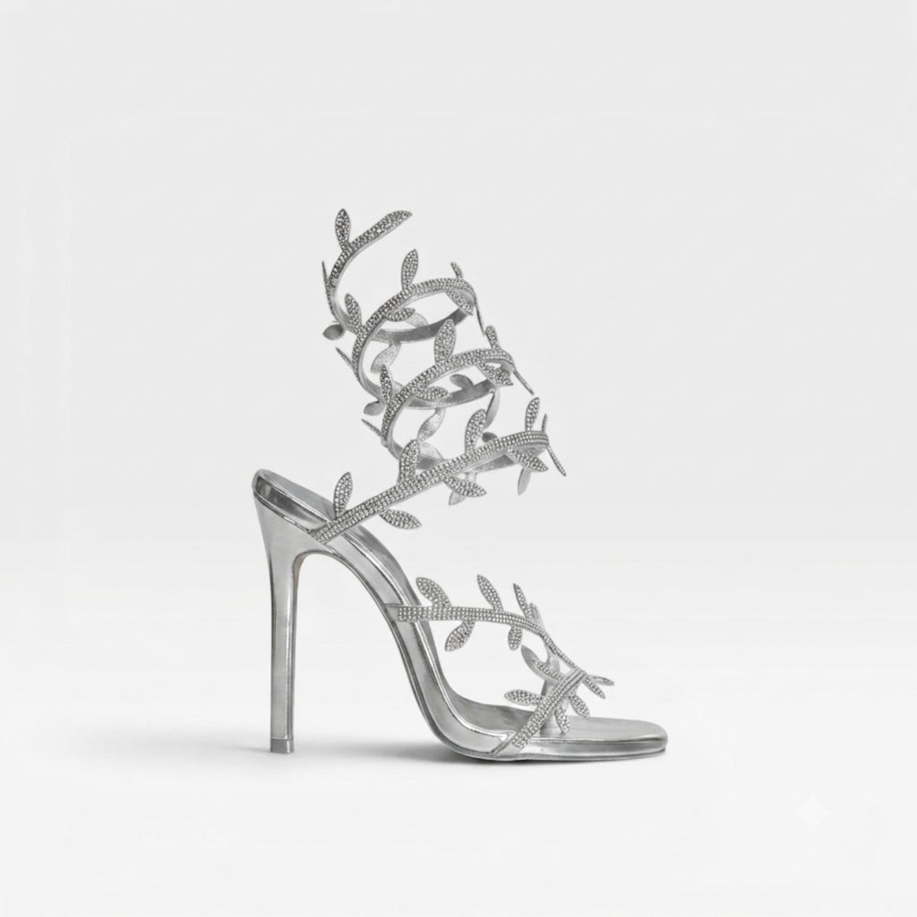 Women's Crystal Leaf Heels – Elegant Wrap Around Ankle Stiletto Sandals for Special Occasions