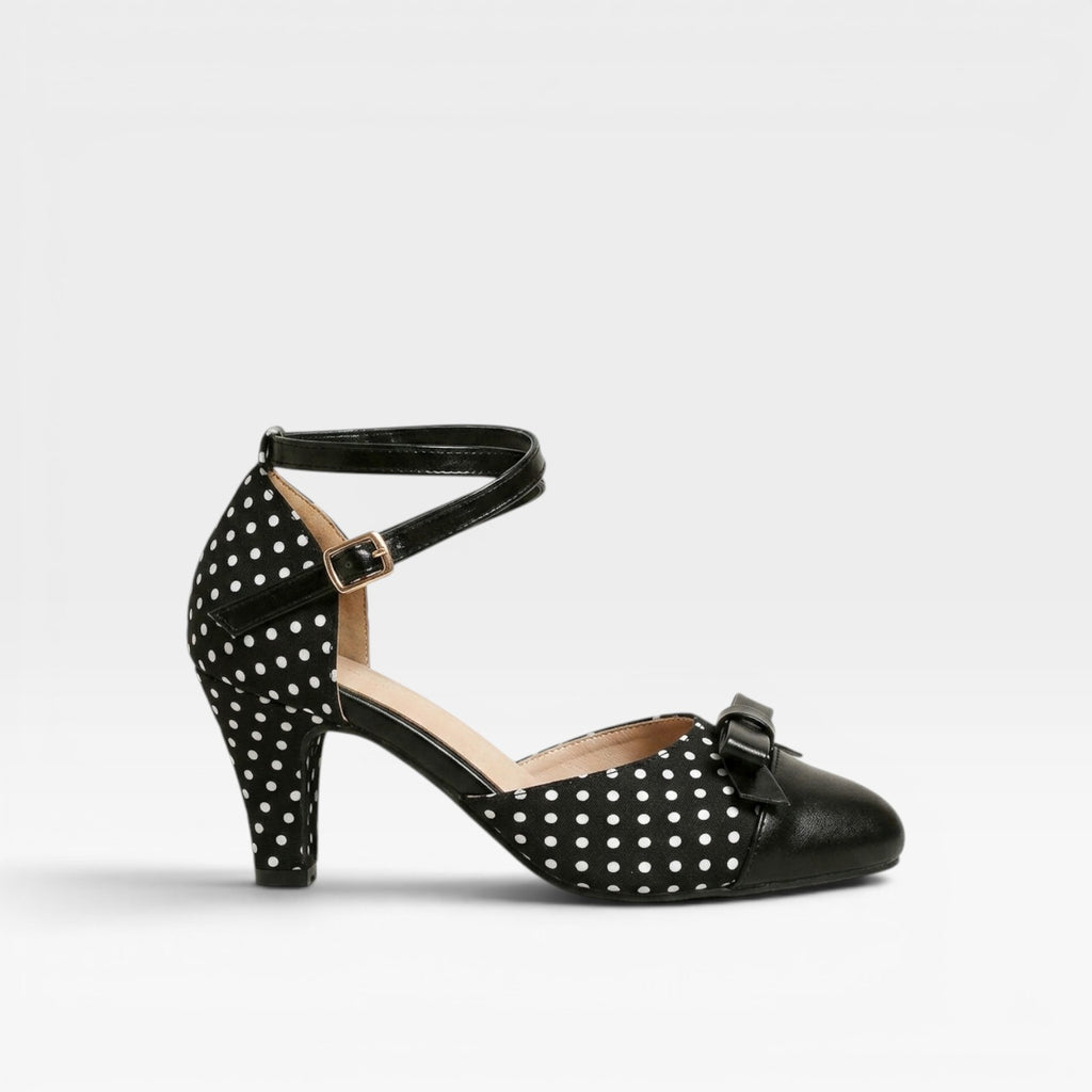 Women's Vintage Polka Dot Pumps – Elegant Ankle Strap Bow Detail Chunky Heels for Party and Special Occasions