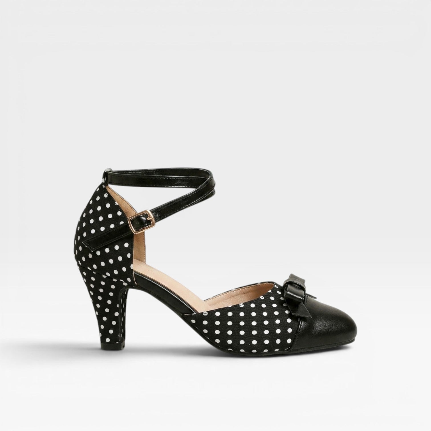 Women's Vintage Polka Dot Pumps – Elegant Ankle Strap Bow Detail Chunky Heels for Party and Special Occasions