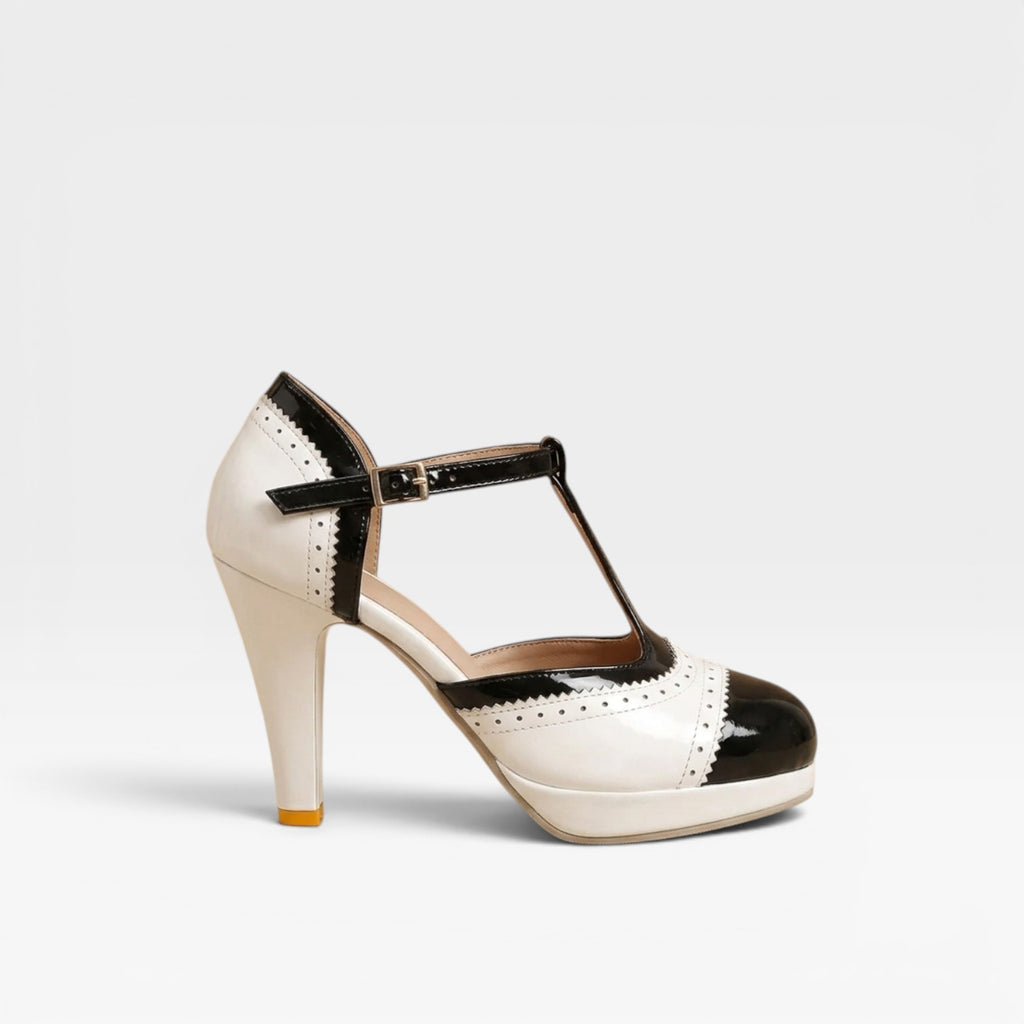 Women's Vintage Mary Jane Pumps – Elegant T Strap Two Tone Brogue Heels for Party and Special Occasions