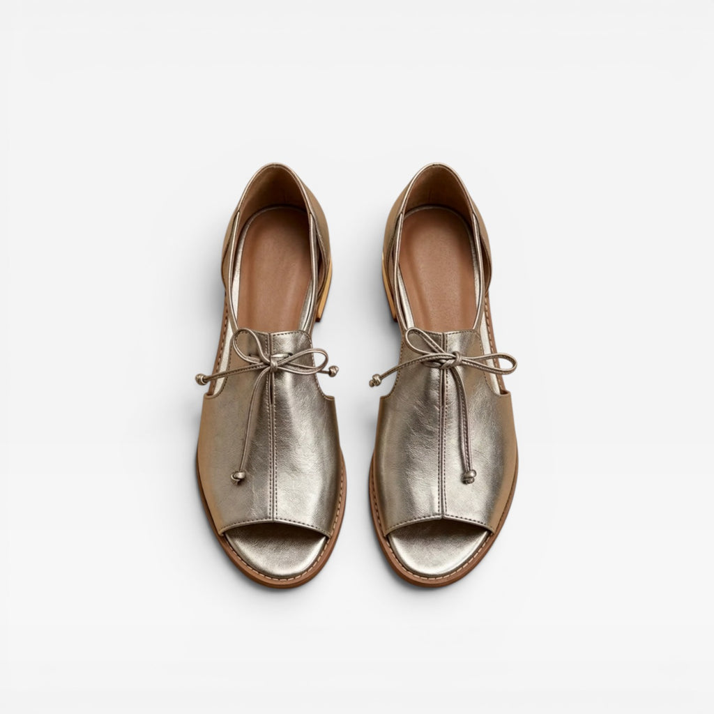 Women's Leather Peep Toe Sandals – Cushioned Comfort Ankle Tie Flats