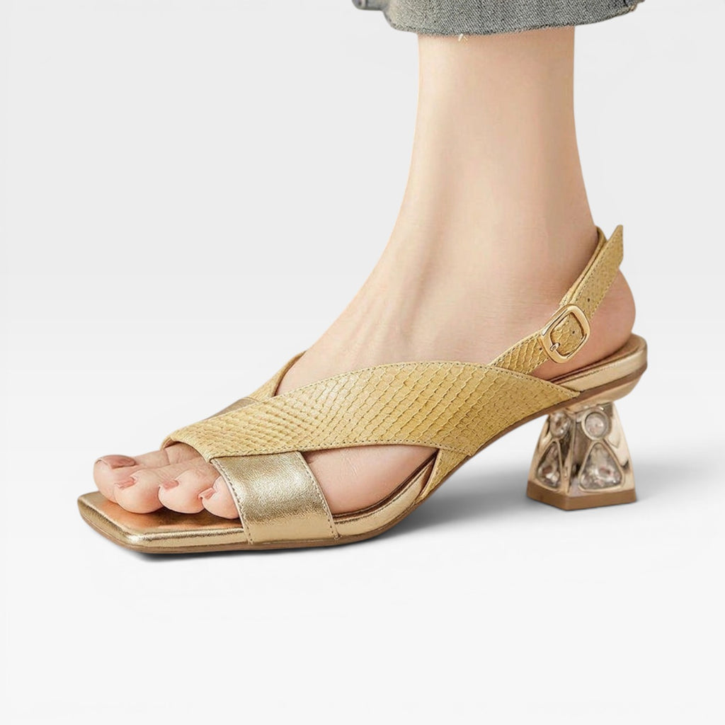 Women's Genuine Leather Sandals – Sculpted Crystal Heel Slingback Pumps for Special Occasions