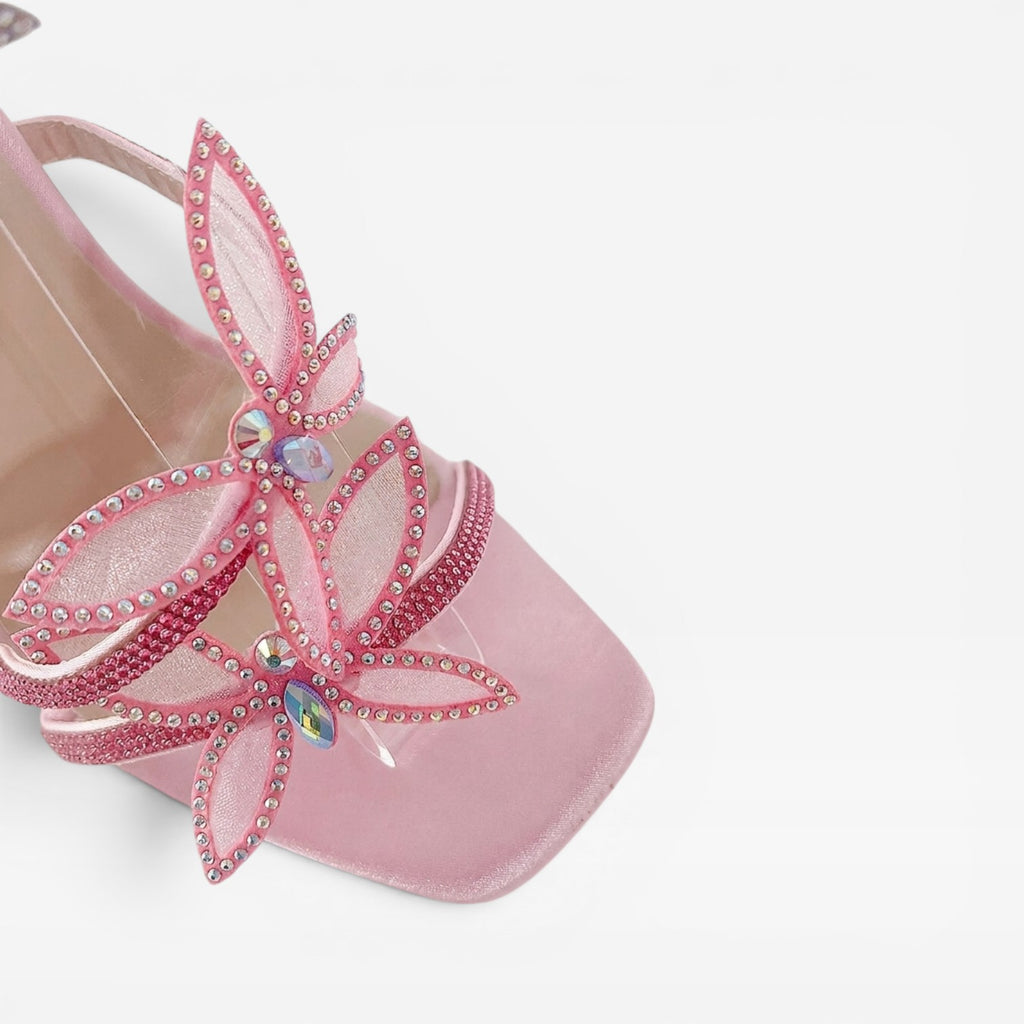 Escarpins papillon en cristal pour femmes – Sandales à talons aiguilles avec lanière spirale à la cheville pour occasions spéciales