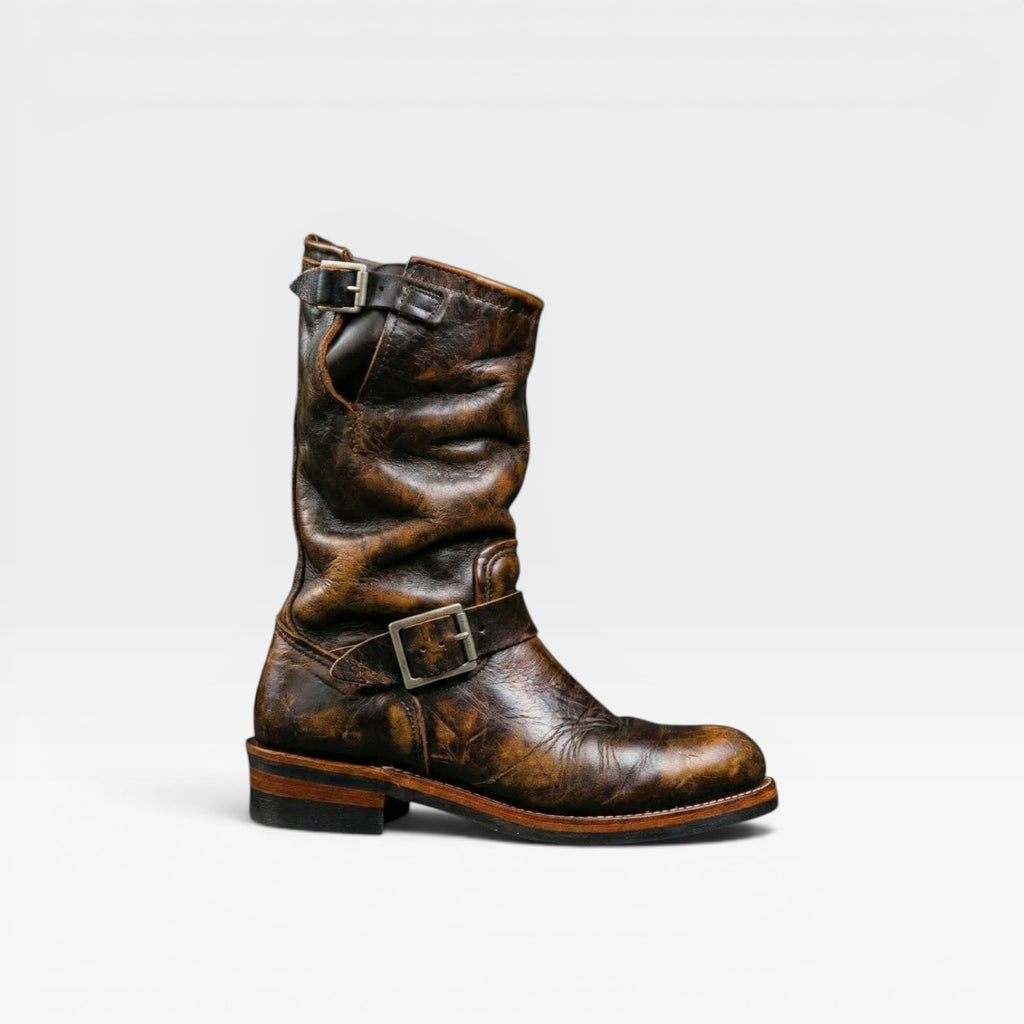 Bottes en cuir vieilli vintage pour hommes – Bottes style ingénieur mi-mollet avec boucle
