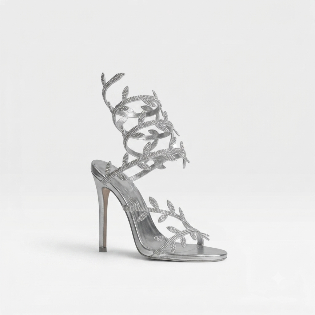 Women's Crystal Leaf Heels – Elegant Wrap Around Ankle Stiletto Sandals for Special Occasions