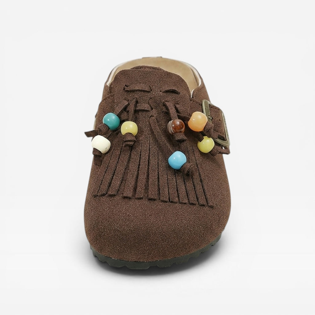 Women’s Suede Boho Clogs – Slip-On Fringe Mules
