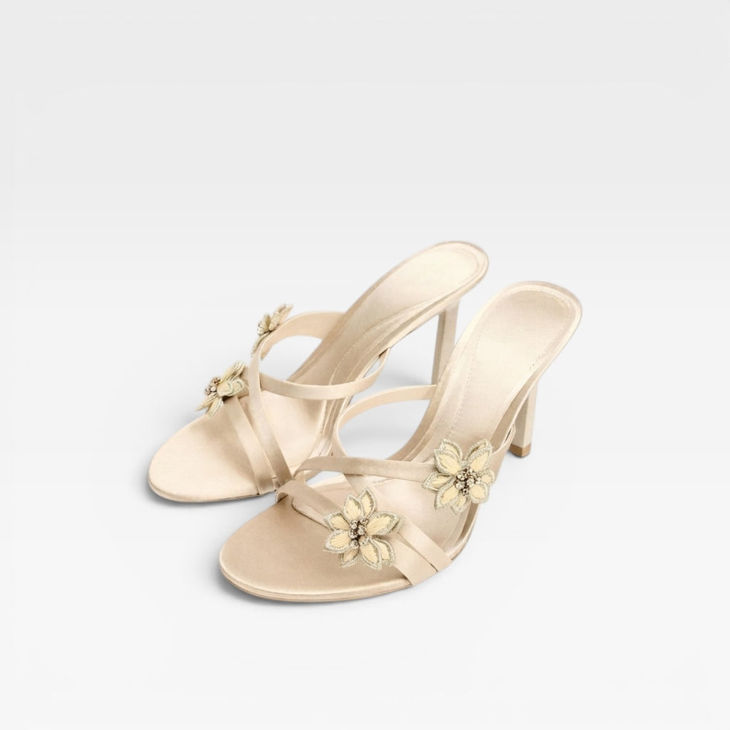 Women's Crystal Flower Heels – Elegant Strappy Stiletto Mule Sandals for Special Occasions