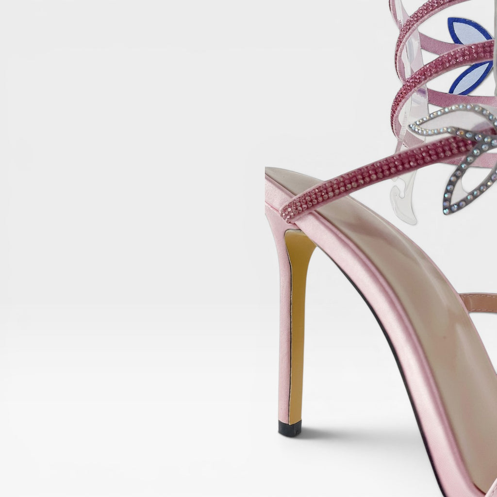 Escarpins papillon en cristal pour femmes – Sandales à talons aiguilles avec lanière spirale à la cheville pour occasions spéciales